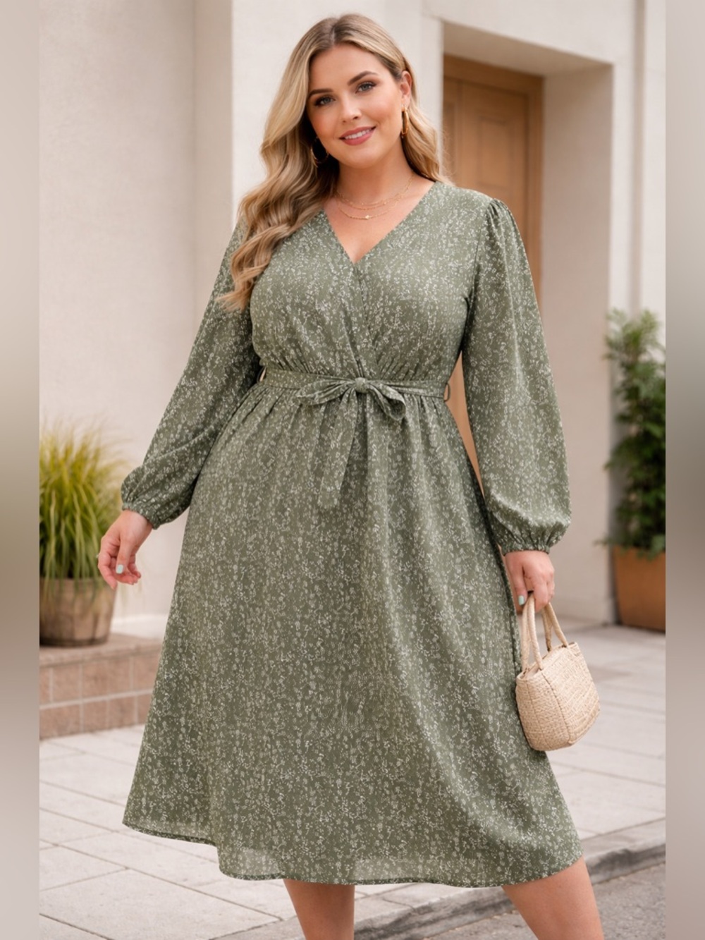 BTFBM Green Floral Maxi Dress with Waist Tie